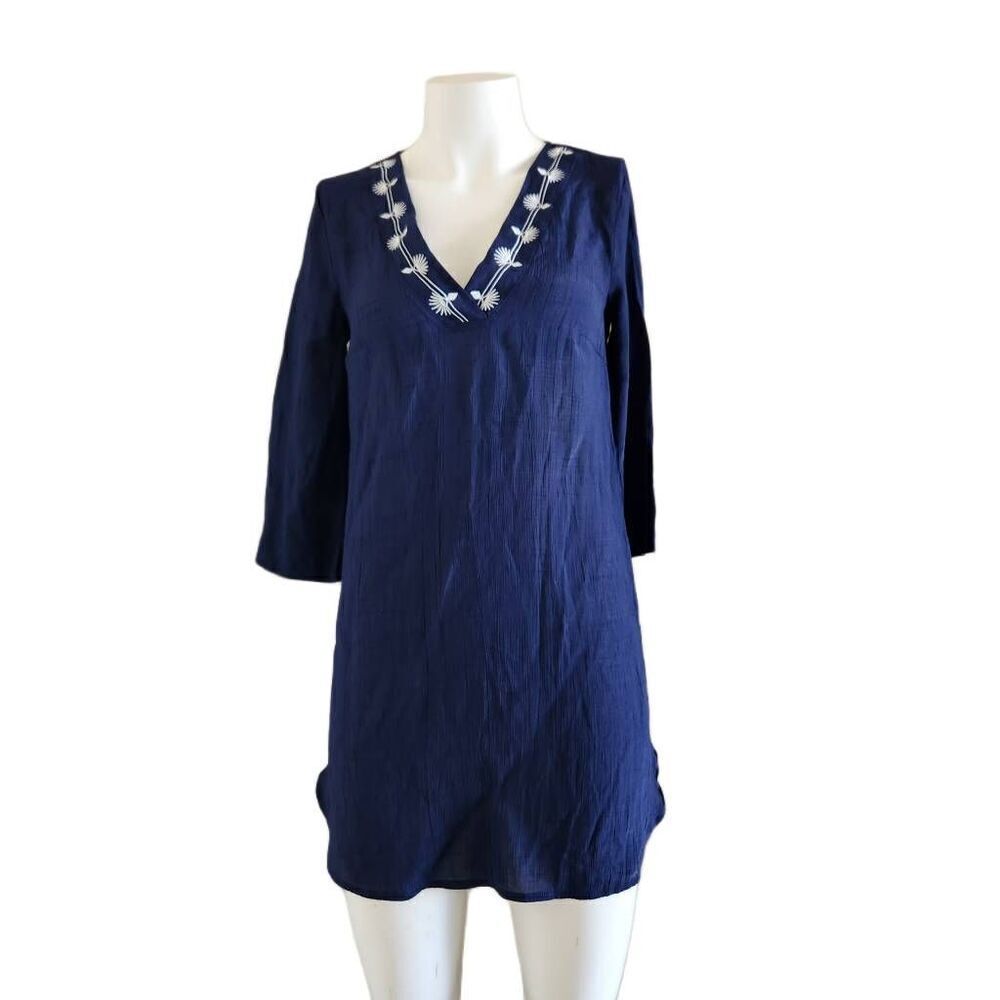 Kona Sol womens swim cover navy blue mini tunic v-neck embroidered floral